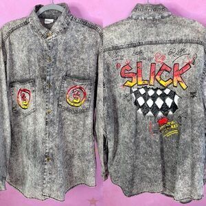 Vintage 80s 90s Slick Bad Boy Acid Wash Gray Jean Shirt Graphic Streetwear Punk